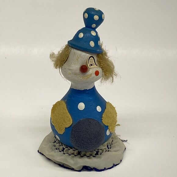 Vintage Wooden Clown Pin Cushion Blue Polka Dot Collectible - As is - Picture 1 of 11